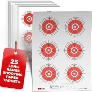 25, 50, 75 Yard Rifle Targets (25 Pack), Long Range Shooting Paper Targets (100 yd), Bullseye Target Style, High Visibility Firearms, Pistol, Airsoft and BB Gun Rifles Target 11" x 17"